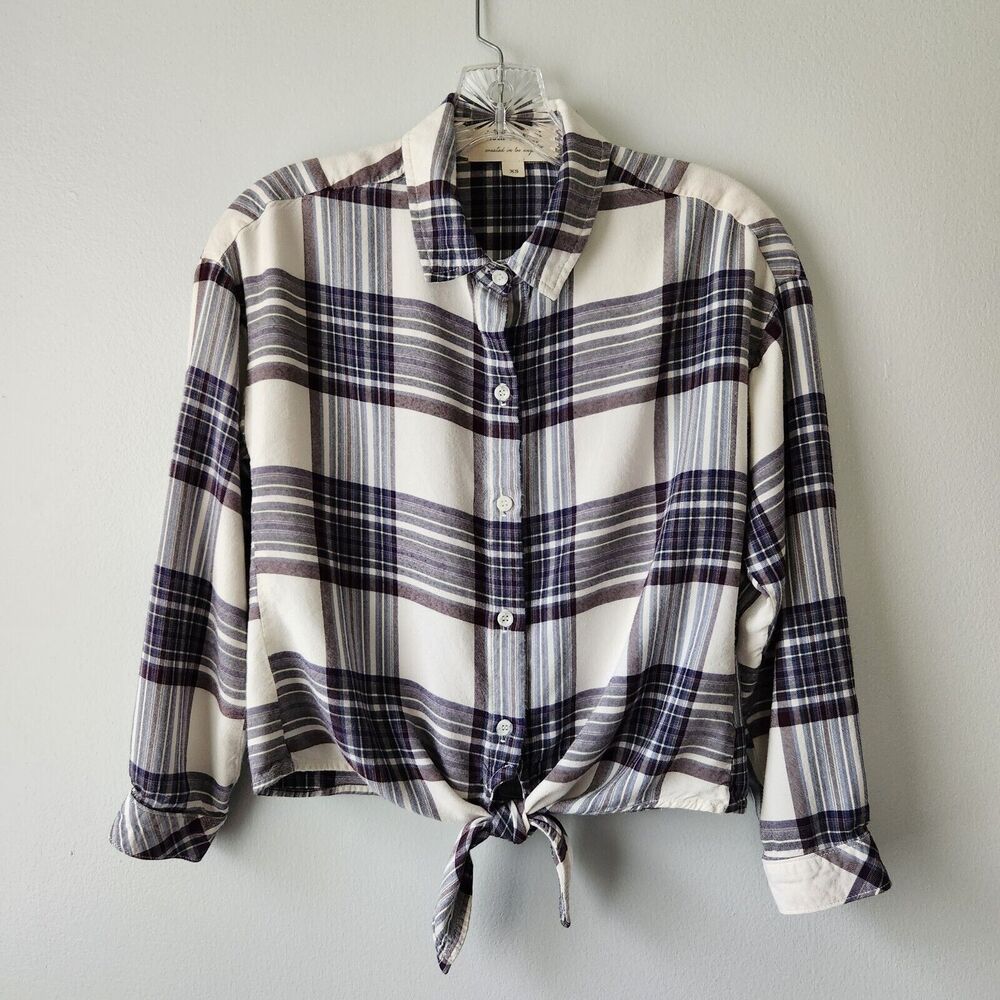Cloth & Stone Anthropologie Blouse Womens XSmall Tan Plaid Tie Front Button Down